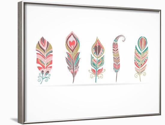Hand Drawn Bohemian, Tribal, Ethnic Feathers. Colorful Set-Marish-Framed Art Print