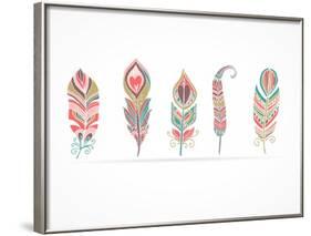 Hand Drawn Bohemian, Tribal, Ethnic Feathers. Colorful Set-Marish-Framed Art Print