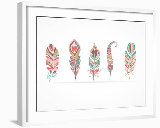 Hand Drawn Bohemian, Tribal, Ethnic Feathers. Colorful Set-Marish-Framed Art Print