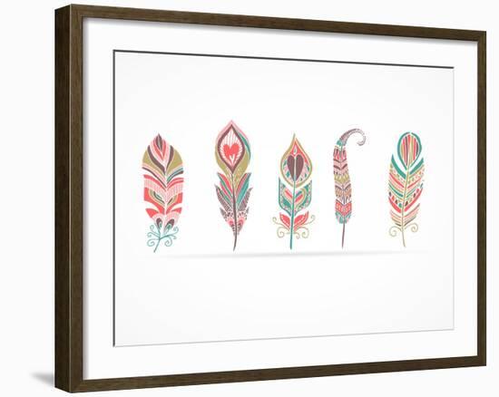 Hand Drawn Bohemian, Tribal, Ethnic Feathers. Colorful Set-Marish-Framed Art Print