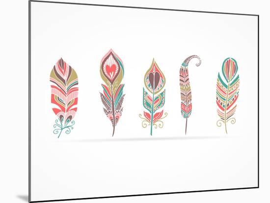 Hand Drawn Bohemian, Tribal, Ethnic Feathers. Colorful Set-Marish-Mounted Art Print