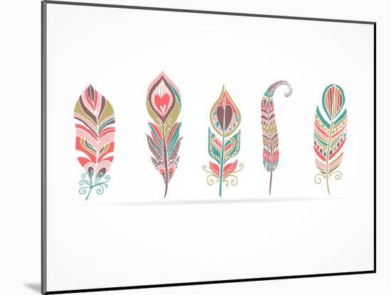 Hand Drawn Bohemian, Tribal, Ethnic Feathers. Colorful Set-Marish-Mounted Art Print