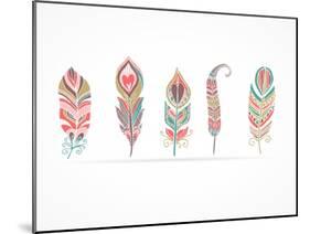 Hand Drawn Bohemian, Tribal, Ethnic Feathers. Colorful Set-Marish-Mounted Art Print