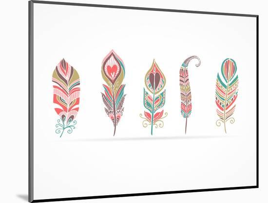 Hand Drawn Bohemian, Tribal, Ethnic Feathers. Colorful Set-Marish-Mounted Art Print