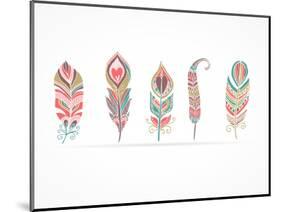 Hand Drawn Bohemian, Tribal, Ethnic Feathers. Colorful Set-Marish-Mounted Art Print