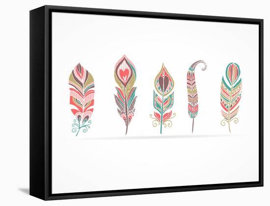 Hand Drawn Bohemian, Tribal, Ethnic Feathers. Colorful Set-Marish-Framed Stretched Canvas