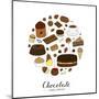 Hand Drawn Chocolate Products in Circle Shape. Cocoa, Chocolate Cake, Cupcake, Bundt, Ice Cream, Ca-Minur-Mounted Art Print