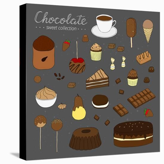 Hand Drawn Chocolate Products Isolated on Chalkboard. Cocoa, Chocolate Cake, Cupcake, Bundt, Ice Cr-Minur-Stretched Canvas