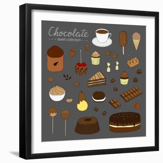 Hand Drawn Chocolate Products Isolated on Chalkboard. Cocoa, Chocolate Cake, Cupcake, Bundt, Ice Cr-Minur-Framed Art Print