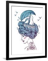 Hand Drawn Color Artwork of a Dreaming Young Beautiful Woman with Ship in Waves of Curly Swirly Sea-Monomoon-Framed Art Print