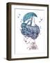 Hand Drawn Color Artwork of a Dreaming Young Beautiful Woman with Ship in Waves of Curly Swirly Sea-Monomoon-Framed Art Print