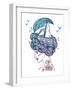 Hand Drawn Color Artwork of a Dreaming Young Beautiful Woman with Ship in Waves of Curly Swirly Sea-Monomoon-Framed Art Print