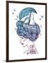 Hand Drawn Color Artwork of a Dreaming Young Beautiful Woman with Ship in Waves of Curly Swirly Sea-Monomoon-Framed Art Print