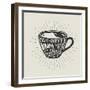 Hand-Drawn Cup of Coffee Silhouette with Lettering and Sunburst. Creative Vector Illustration. Typo-Genzi-Framed Art Print