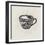 Hand-Drawn Cup of Coffee Silhouette with Lettering and Sunburst. Creative Vector Illustration. Typo-Genzi-Framed Art Print