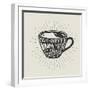 Hand-Drawn Cup of Coffee Silhouette with Lettering and Sunburst. Creative Vector Illustration. Typo-Genzi-Framed Art Print