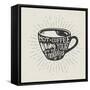 Hand-Drawn Cup of Coffee Silhouette with Lettering and Sunburst. Creative Vector Illustration. Typo-Genzi-Framed Stretched Canvas