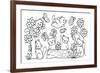 Hand Drawn Cute Cats Playing with Butterfly in the Forest,For Design Element and Coloring Book Page-null-Framed Art Print
