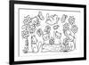 Hand Drawn Cute Cats Playing with Butterfly in the Forest,For Design Element and Coloring Book Page-null-Framed Art Print