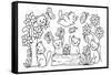 Hand Drawn Cute Cats Playing with Butterfly in the Forest,For Design Element and Coloring Book Page-null-Framed Stretched Canvas