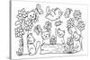 Hand Drawn Cute Cats Playing with Butterfly in the Forest,For Design Element and Coloring Book Page-null-Stretched Canvas