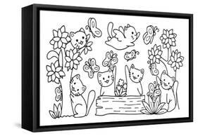 Hand Drawn Cute Cats Playing with Butterfly in the Forest,For Design Element and Coloring Book Page-null-Framed Stretched Canvas