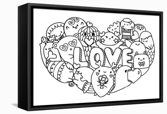 Hand Drawn Cute Monsters Form in Hearted Shape with the Letters LOVE for Printed Tee, Cards,Invitat-null-Framed Stretched Canvas