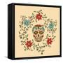 Hand Drawn Day of the Dead Colorful Skull with Floral Ornament in Flower Garland-a_bachelorette-Framed Stretched Canvas
