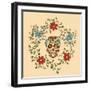 Hand Drawn Day of the Dead Colorful Skull with Floral Ornament in Flower Garland-a_bachelorette-Framed Art Print