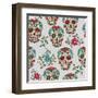 Hand Drawn Day of the Dead Colorful Sugar Skull with Floral Ornament and Flower Seamless Pattern. G-a_bachelorette-Framed Art Print