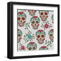 Hand Drawn Day of the Dead Colorful Sugar Skull with Floral Ornament and Flower Seamless Pattern. G-a_bachelorette-Framed Art Print