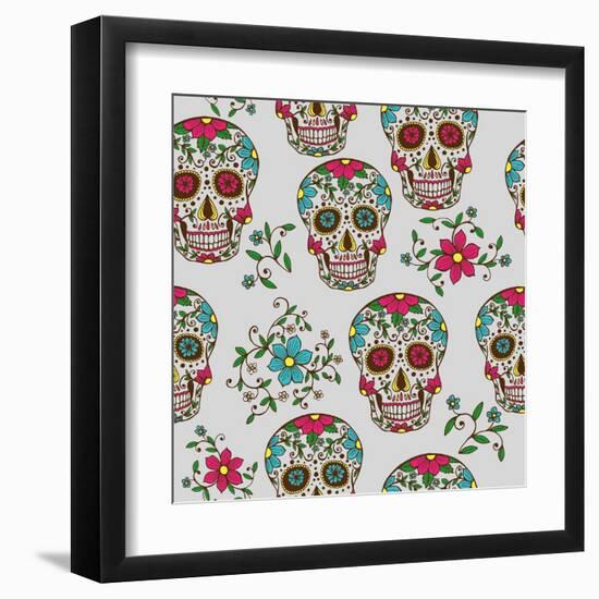 Hand Drawn Day of the Dead Colorful Sugar Skull with Floral Ornament and Flower Seamless Pattern. G-a_bachelorette-Framed Art Print