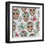 Hand Drawn Day of the Dead Colorful Sugar Skull with Floral Ornament and Flower Seamless Pattern. G-a_bachelorette-Framed Art Print