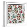 Hand Drawn Day of the Dead Colorful Sugar Skull with Floral Ornament and Flower Seamless Pattern. G-a_bachelorette-Framed Art Print