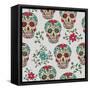 Hand Drawn Day of the Dead Colorful Sugar Skull with Floral Ornament and Flower Seamless Pattern. G-a_bachelorette-Framed Stretched Canvas