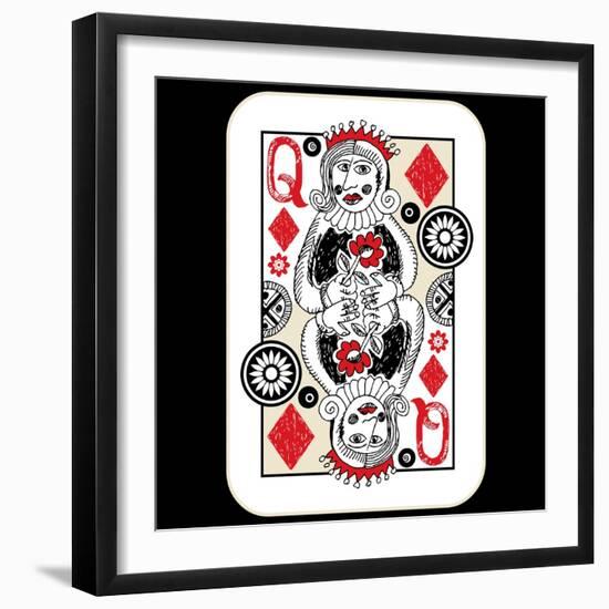 Hand Drawn Deck Of Cards, Doodle Queen Of Diamonds-Andriy Zholudyev-Framed Art Print