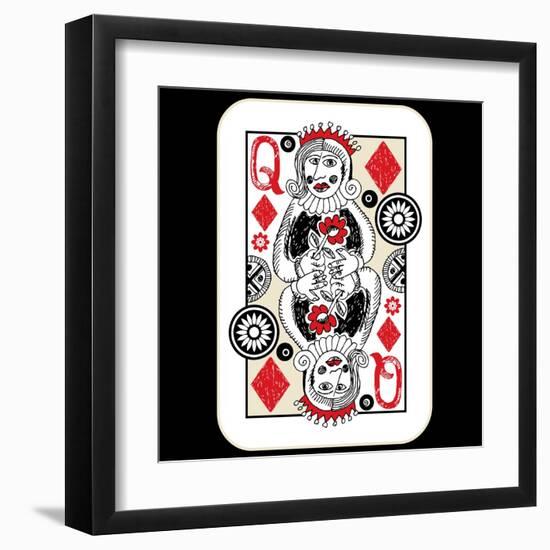 Hand Drawn Deck Of Cards, Doodle Queen Of Diamonds-Andriy Zholudyev-Framed Art Print