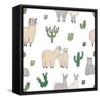 Hand Drawn Doodle Seamless Pattern with Alpaca, Llama, Cactuses-GoodStudio-Framed Stretched Canvas