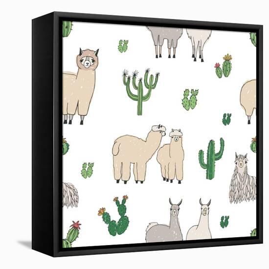 Hand Drawn Doodle Seamless Pattern with Alpaca, Llama, Cactuses-GoodStudio-Framed Stretched Canvas