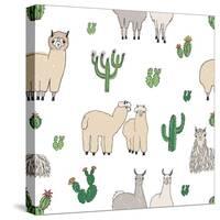 Hand Drawn Doodle Seamless Pattern with Alpaca, Llama, Cactuses-GoodStudio-Stretched Canvas