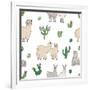 Hand Drawn Doodle Seamless Pattern with Alpaca, Llama, Cactuses-GoodStudio-Framed Art Print