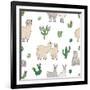 Hand Drawn Doodle Seamless Pattern with Alpaca, Llama, Cactuses-GoodStudio-Framed Art Print