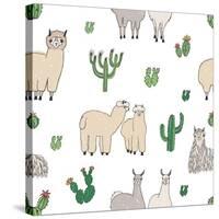 Hand Drawn Doodle Seamless Pattern with Alpaca, Llama, Cactuses-GoodStudio-Stretched Canvas