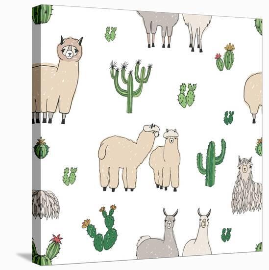 Hand Drawn Doodle Seamless Pattern with Alpaca, Llama, Cactuses-GoodStudio-Stretched Canvas