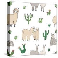 Hand Drawn Doodle Seamless Pattern with Alpaca, Llama, Cactuses-GoodStudio-Stretched Canvas