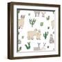 Hand Drawn Doodle Seamless Pattern with Alpaca, Llama, Cactuses-GoodStudio-Framed Art Print