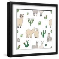 Hand Drawn Doodle Seamless Pattern with Alpaca, Llama, Cactuses-GoodStudio-Framed Art Print