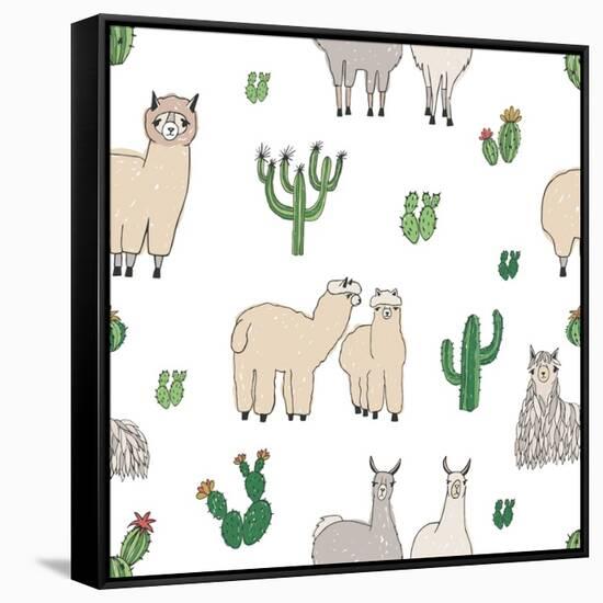 Hand Drawn Doodle Seamless Pattern with Alpaca, Llama, Cactuses-GoodStudio-Framed Stretched Canvas