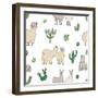 Hand Drawn Doodle Seamless Pattern with Alpaca, Llama, Cactuses-GoodStudio-Framed Art Print