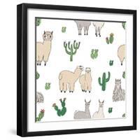 Hand Drawn Doodle Seamless Pattern with Alpaca, Llama, Cactuses-GoodStudio-Framed Art Print